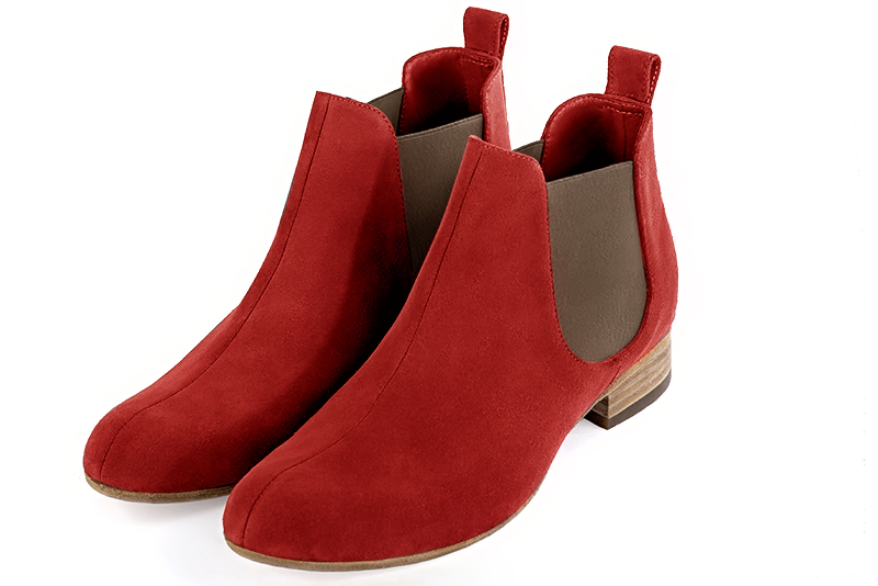 Scarlet red and taupe brown dress ankle boots for men. Round toe. Flat leather soles. Front view - Florence KOOIJMAN